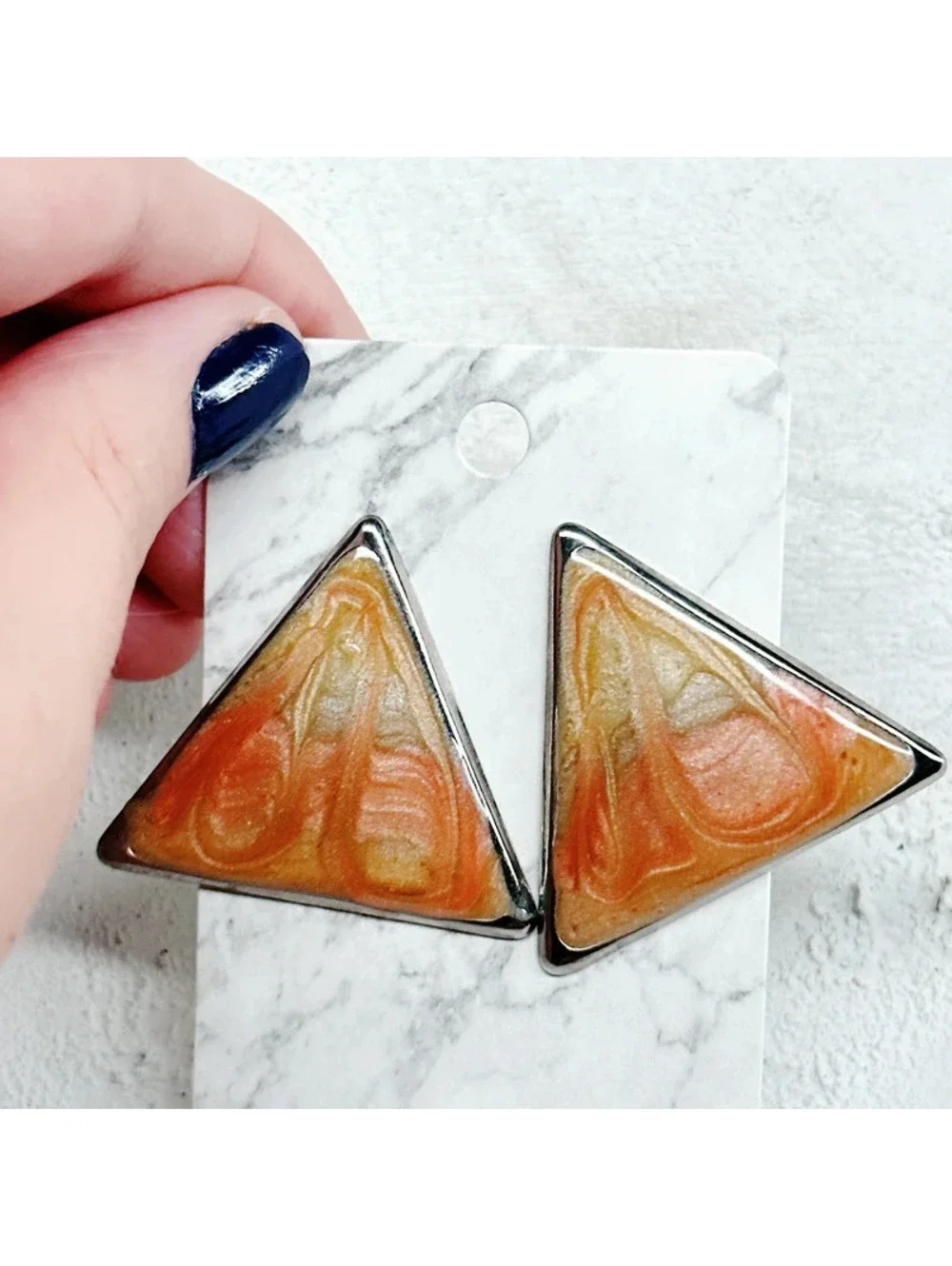 1064mc. Silvertone Orange Enamel Earrings Vintage
